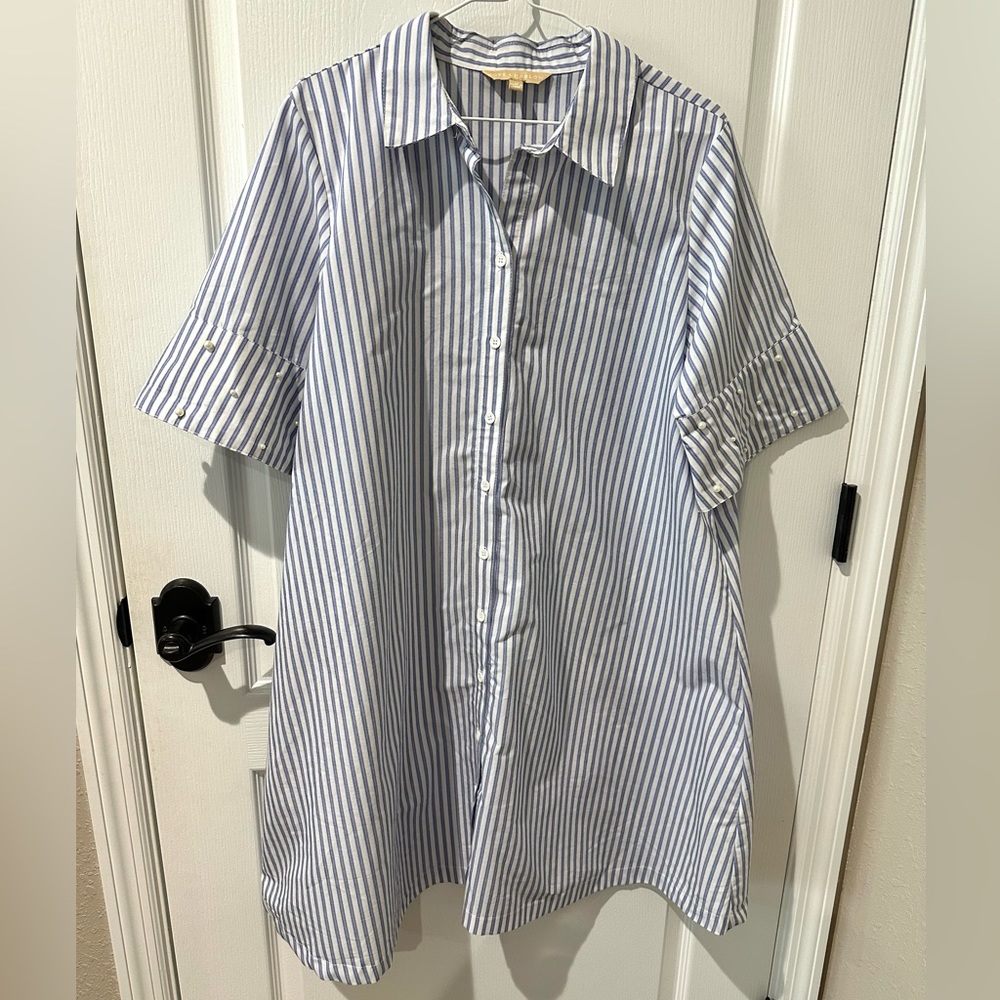 Hope & Harlow Blue and White Striped Sheath Shirtdress with Pearl Accents Sz 14